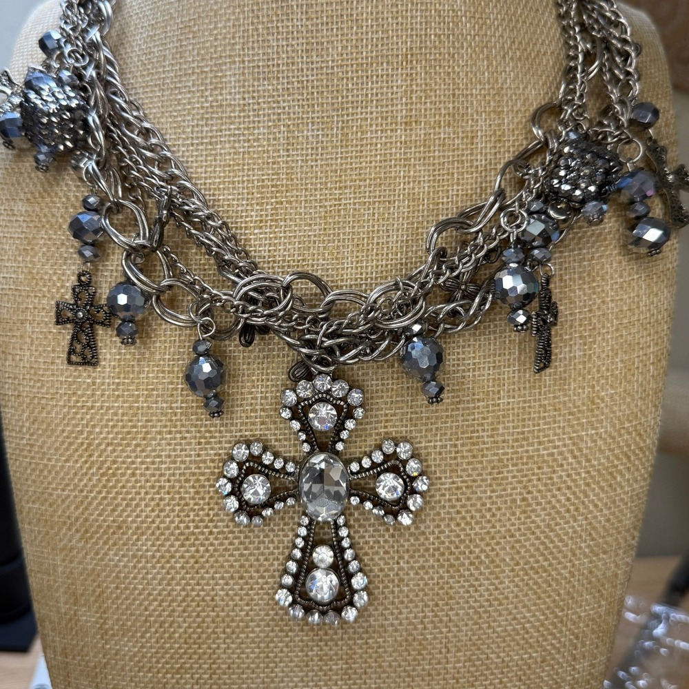 Gothic Grunge Y2K Rhinestone Cross Multi-strand Charm Necklace Unbranded